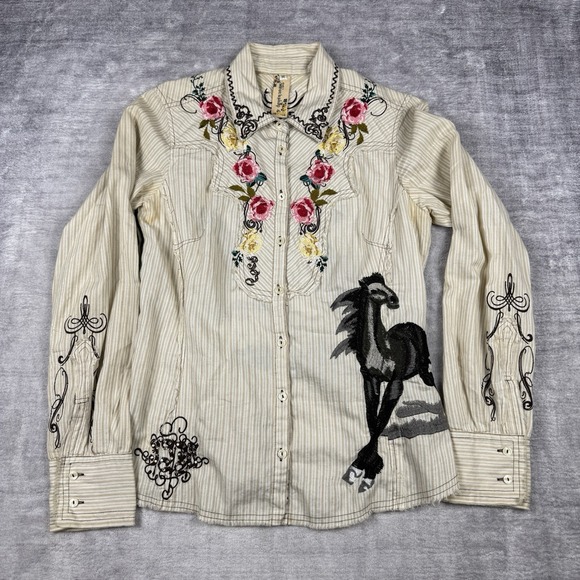 3J Workshop Shirt Womens Medium Ivory Embroidered Button up Johnny Was Western - Picture 1 of 15